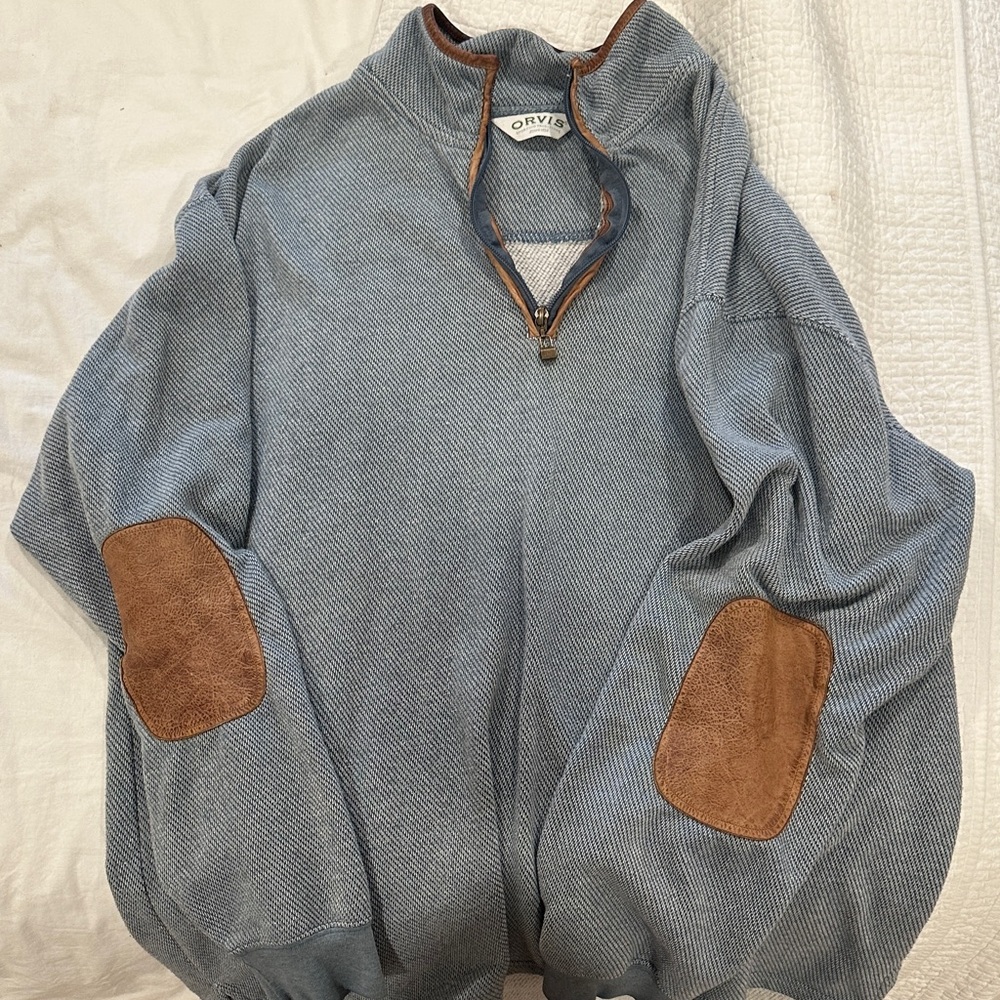 Orvis Men's Zip-Up Sweater in Blue with Brown Accents